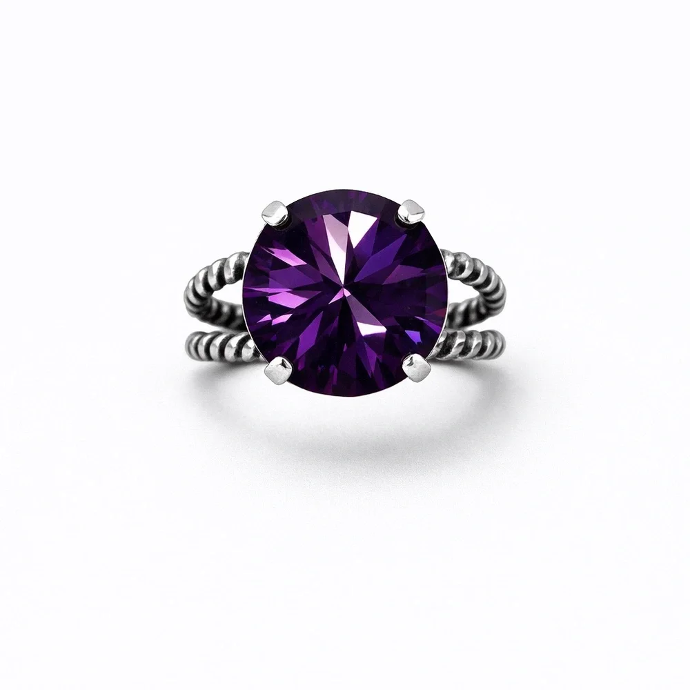 Adjustable Ring | Amethyst Swarovski Elements | Purple Crystal Round Rope Ring